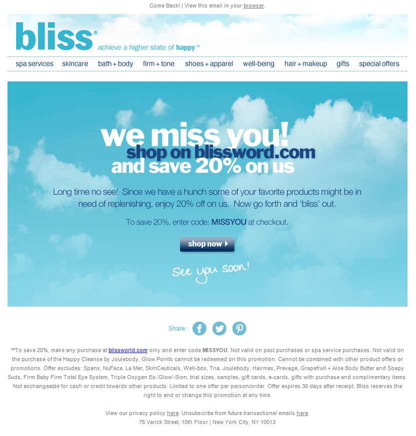 Bliss win-back campaign example